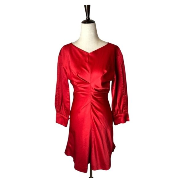Isabel Marant Dress Women XS‎ Red Satin Long Split Sleeve Fit And Flare Mini - Picture 2 of 12
